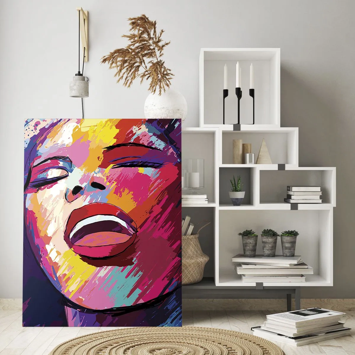 Obraz na szkle - Abstrakcyjny portret kobiety w intensywnych kolorach - 50x70cm - Wyśpiewać całe życie - Nowoczesna dekoracja ścienna do salonu, kuchni i sypialni ARTTOR
