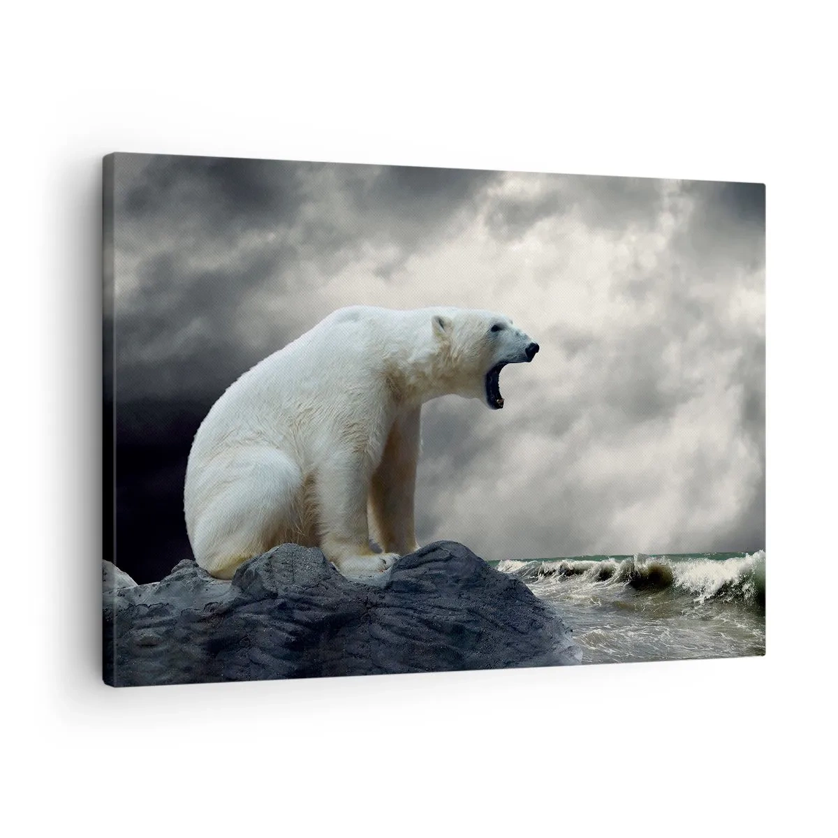 Obraz na płótnie - Niedźwiedź polarny na skałach nad wzburzonym morzem - 70x50cm - Samotny król Arktyki - Nowoczesna dekoracja ścienna do salonu i sypialni ARTTOR