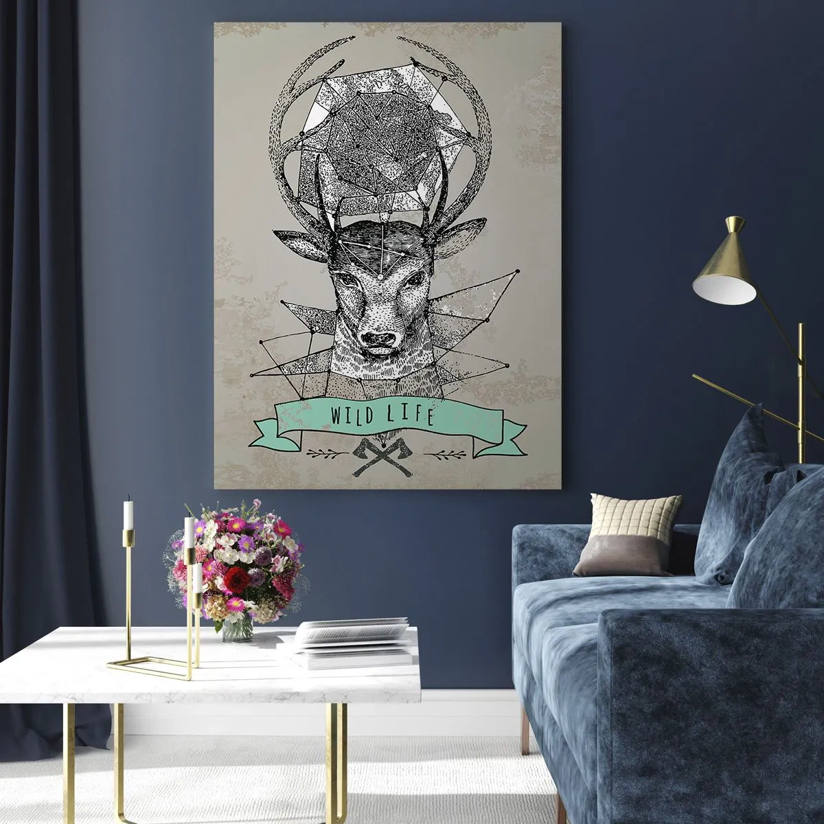 Obraz na szkle - Geometria jelenia z napisem Wild Life w stylu vintage - 70x100cm - Widzenie św. Hubertusa - Nowoczesna dekoracja ścienna do salonu i sypialni ARTTOR