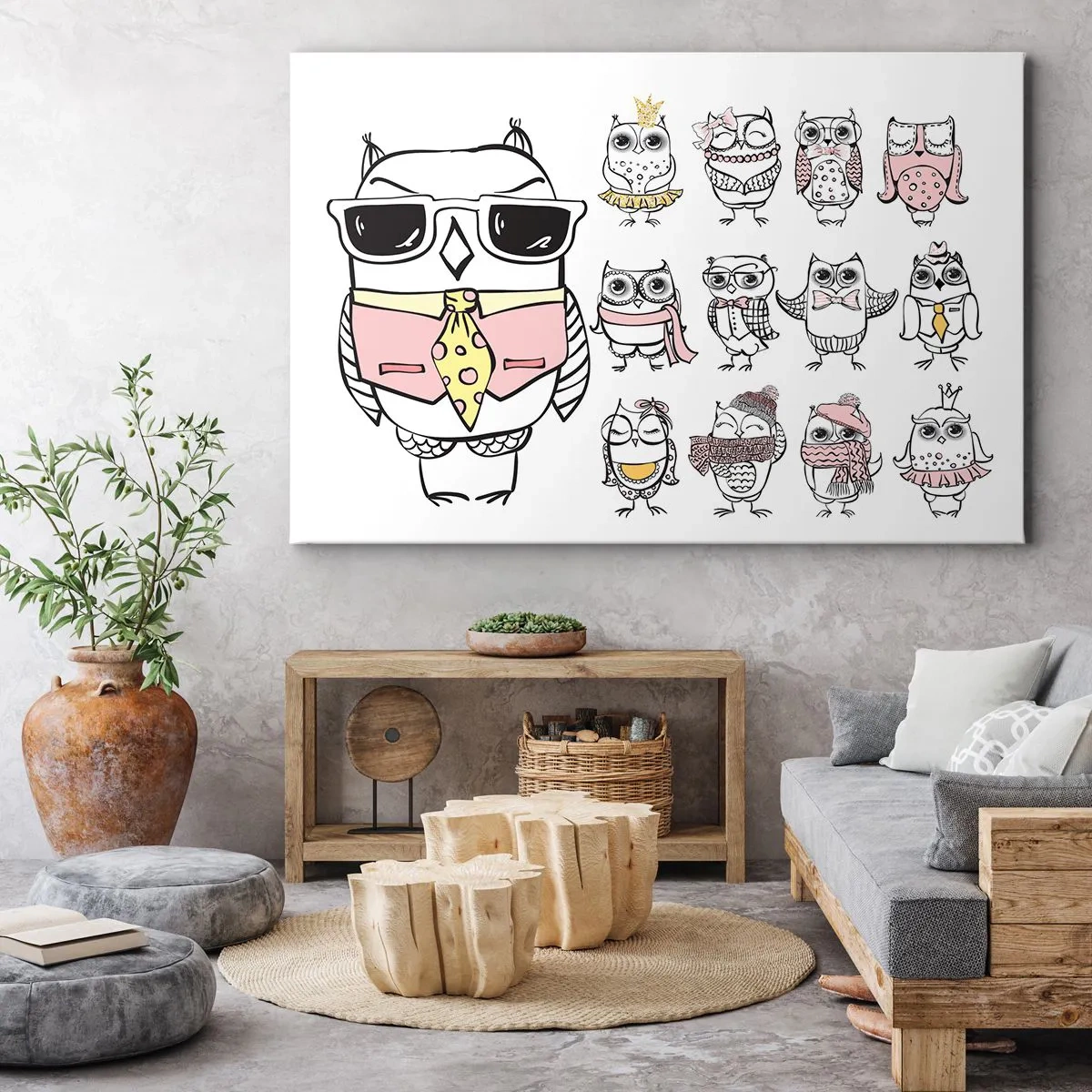 Obraz na płótnie - Sowy w różnych stylach i ubraniach - 100x70cm - Tyle ról do zagrania - Nowoczesna dekoracja ścienna do salonu, kuchni i sypialni ARTTOR