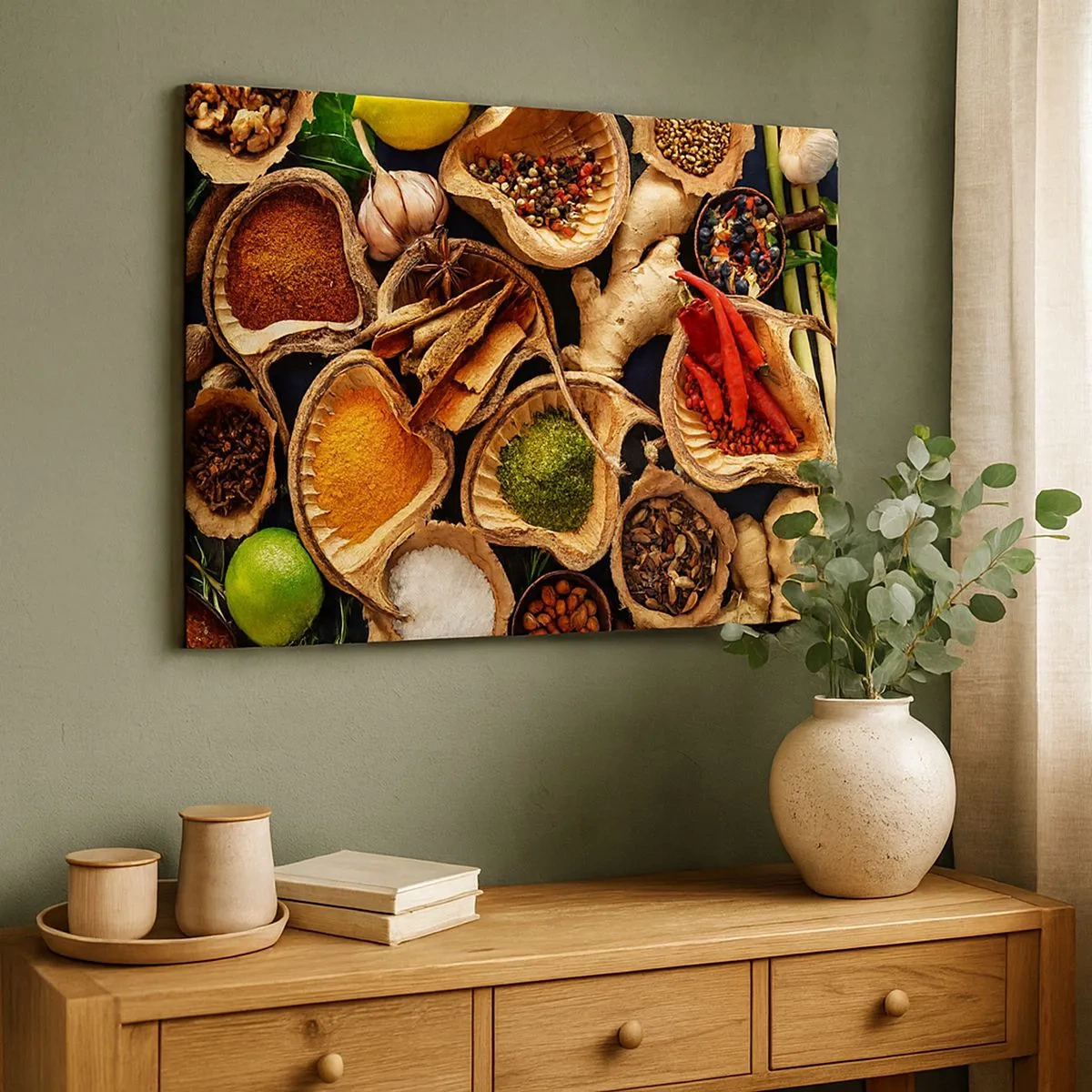 Obraz na płótnie - Miseczki z przyprawami w różnych kolorach - 70x50cm - Bierz, co chcesz - Nowoczesna dekoracja ścienna do salonu i sypialni ARTTOR