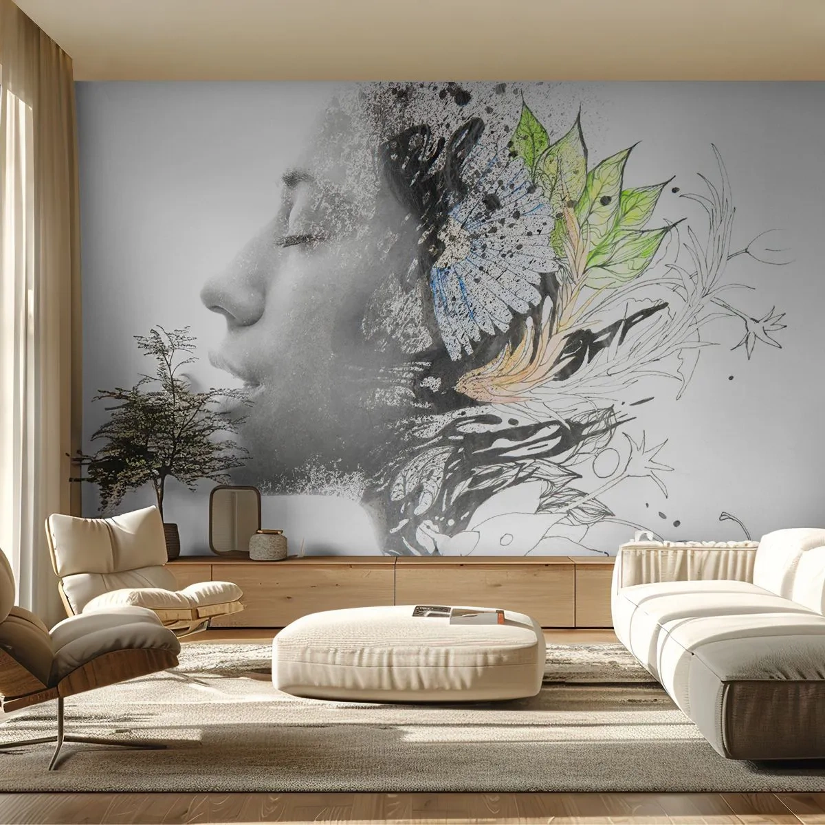 Fototapeta Premium Canvas - Zanurzona w naturze - Abstrakcja, Twarz Kobiety, Kwiaty - 200x140 cm