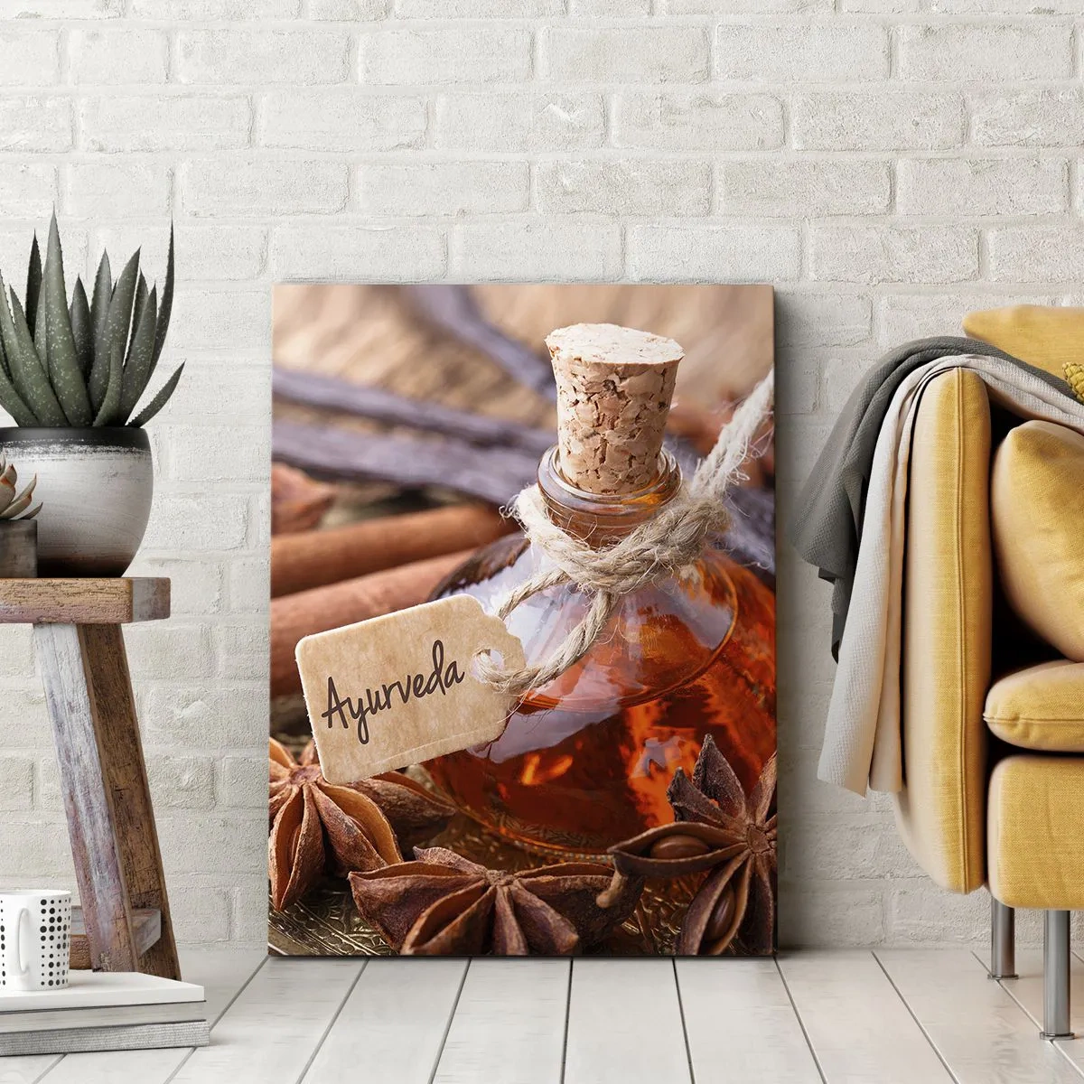 Obraz na płótnie - Butelka z olejkiem ajurwedyjskim, cynamon i anyż na rustykalnym tle - 50x70cm - Ku jedności ciała i ducha - Nowoczesna dekoracja ścienna do salonu, kuchni i sypialni ARTTOR