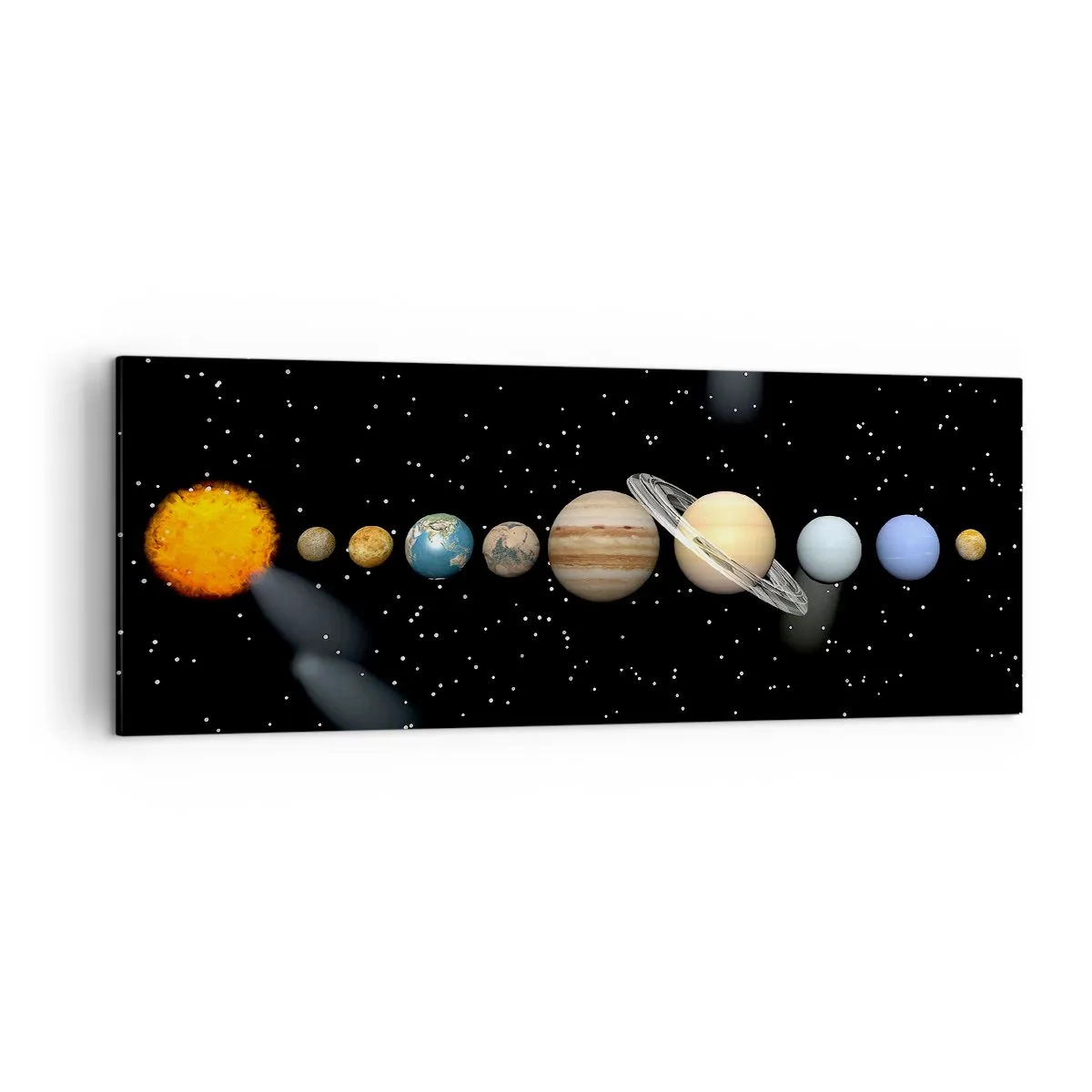 Obraz na płótnie - Układ słoneczny z planetami na tle gwiazd w kosmosie - 140x50cm - A planety szaleją, szaleją… - Nowoczesna dekoracja ścienna do salonu i sypialni ARTTOR