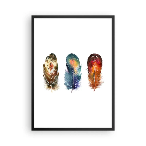 Plakat w czarnej ramie - Kolorowe pióra w artystycznym stylu na białym tle - 50x70cm - Rytuały, obrzędy, tajemnice - Nowoczesna dekoracja ścienna do salonu i sypialni ARTTOR