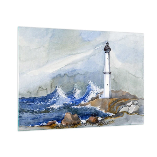 Obraz na szkle - Latarnia morska przy wzburzonym morzu w akwarelowym stylu - 100x70cm - Przeciwko ciemności i nawałnicy - Nowoczesna dekoracja ścienna do salonu, kuchni i sypialni ARTTOR