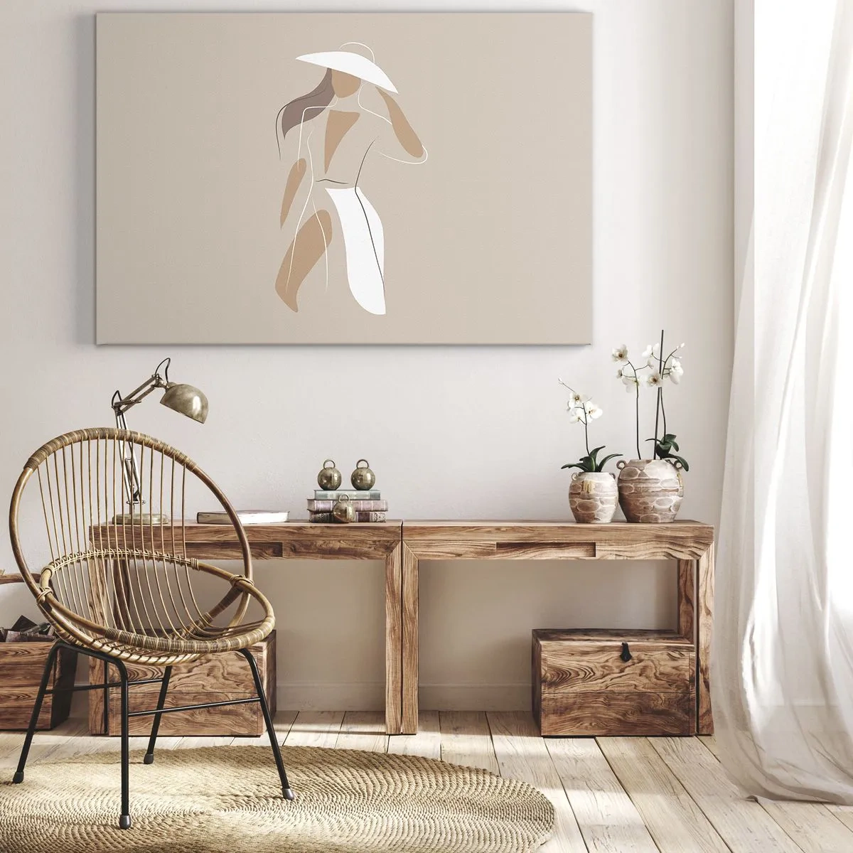 Obraz na płótnie - Minimalistyczny rysunek kobiety w kapeluszu na beżowym tle - 70x50cm - Moda to zabawa - Nowoczesna dekoracja ścienna do salonu i sypialni ARTTOR