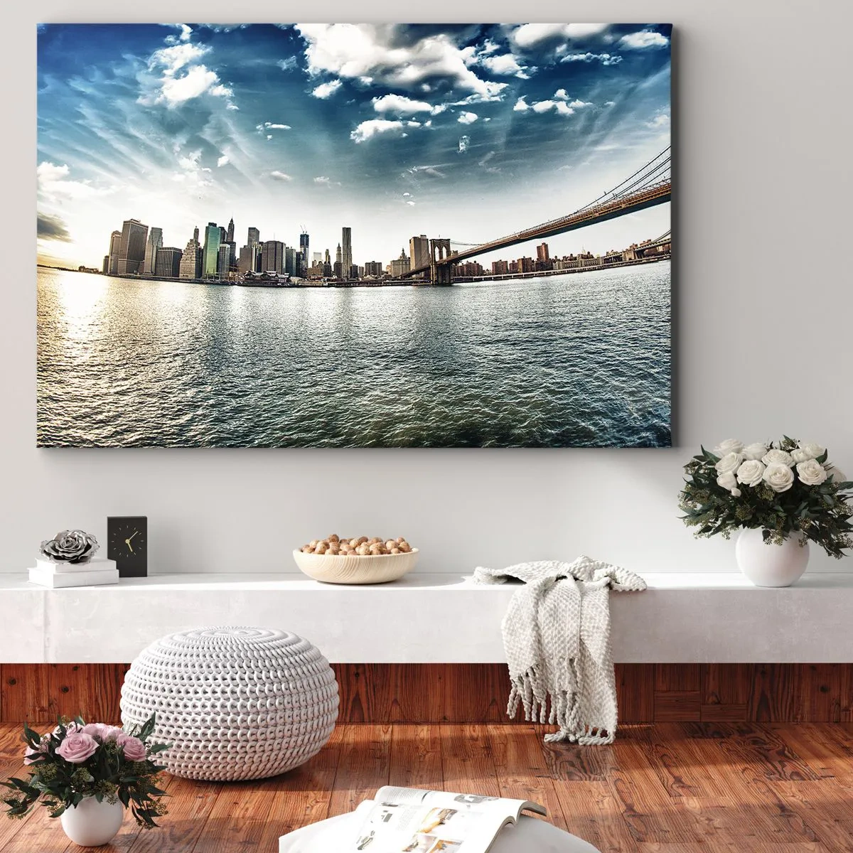 Obraz na płótnie - Panorama miasta z mostem na tle błękitnego nieba - 70x50cm - Szklana wyspa - Nowoczesna dekoracja ścienna do salonu i sypialni ARTTOR