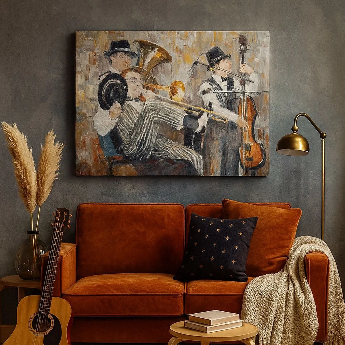 Obraz na płótnie - Muzycy jazzowi w stylu malarskim podczas koncertu - 70x50cm - Cały ten jazz - Nowoczesna dekoracja ścienna do salonu i sypialni ARTTOR