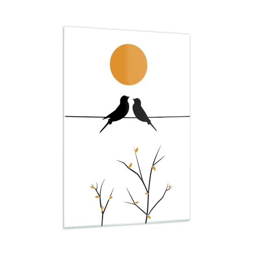 Obraz na szkle - Ptaki na linii pod pomarańczowym słońcem - 50x70cm - Słowiczy wieczór - Nowoczesna dekoracja ścienna do salonu, kuchni i sypialni ARTTOR