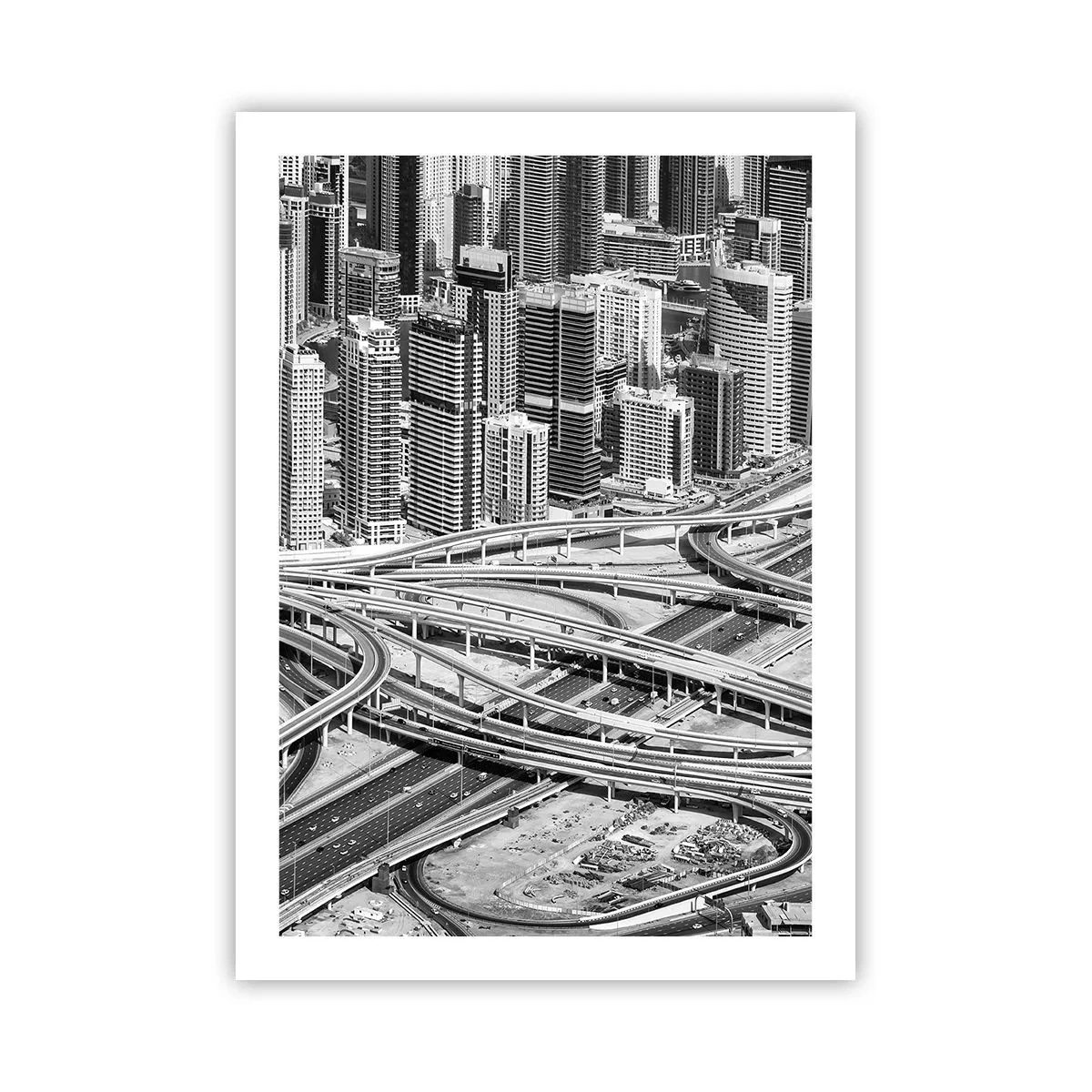 Plakat - Miejska panorama z siecią dróg w czarno-białym stylu - 50x70cm - Dubaj – miasto niemożliwe - Nowoczesna dekoracja ścienna do salonu, kuchni i sypialni ARTTOR