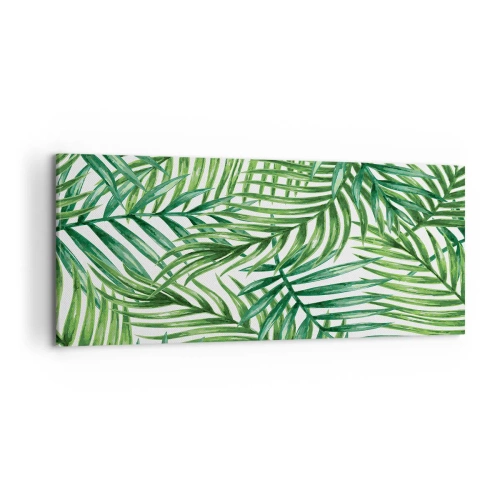 Obraz na płótnie - Zielone liście tropikalnych palm na jasnym tle - 120x50cm - Pod zielonym baldachimem - Nowoczesna dekoracja ścienna do salonu i sypialni ARTTOR
