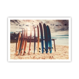 Plakat - Deski surfingowe na plaży o zachodzie słońca - 100x70cm - Dobranoc, do jutra - Nowoczesna dekoracja ścienna do salonu i sypialni ARTTOR