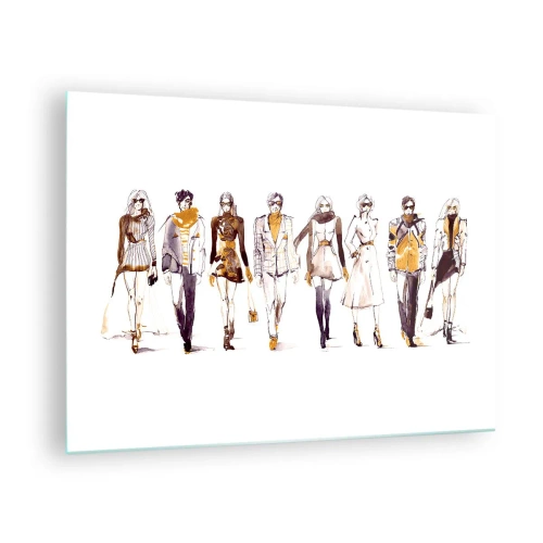 Obraz na szkle - Grupa modnych postaci w stylu szkicowym na białym tle - 70x50cm - Niewymuszony szyk, swobodna elegancja - Nowoczesna dekoracja ścienna do salonu i sypialni ARTTOR