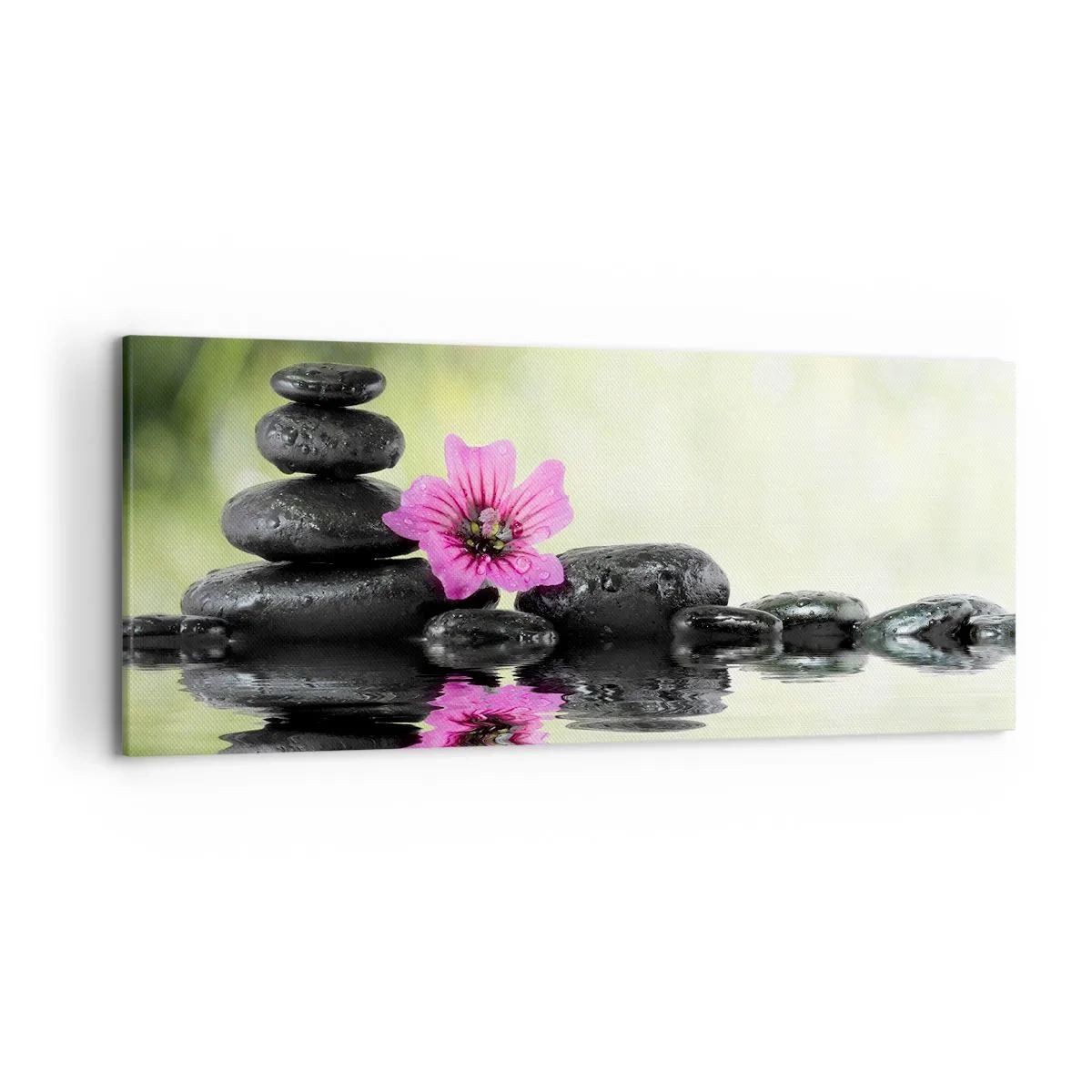 Obraz na płótnie - Kamienie Zen i różowy kwiat odbijające się w wodzie - 120x50cm - Czas dla duszy - Nowoczesna dekoracja ścienna do salonu i sypialni ARTTOR