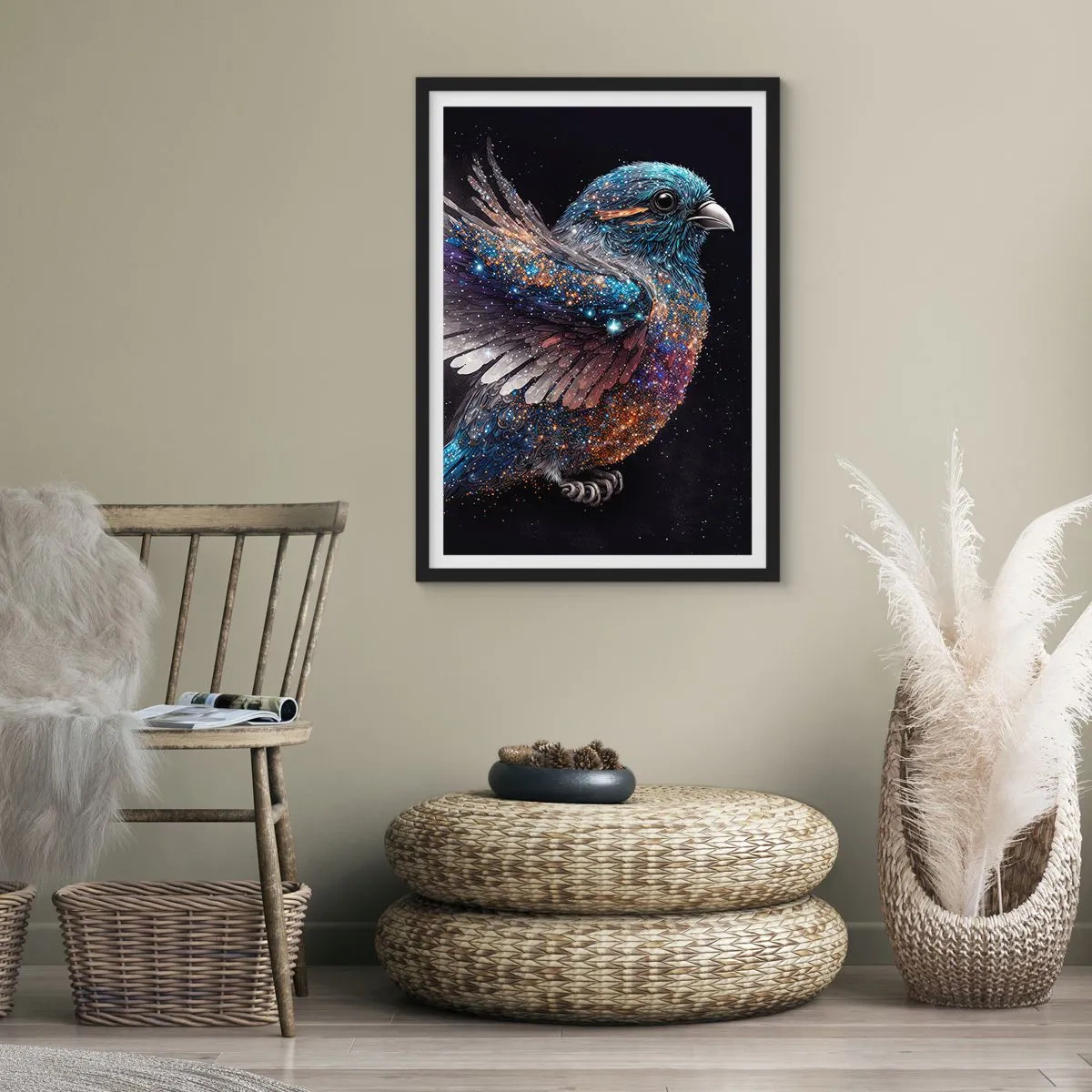 Plakat w czarnej ramie - Kosmiczny ptak z gwiezdnym upierzeniem na czarnym tle - 50x70cm - Diamentowy wróbel - Nowoczesna dekoracja ścienna do salonu i sypialni ARTTOR