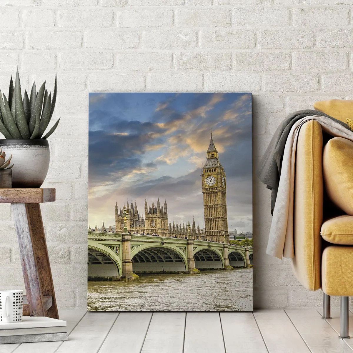 Obraz na płótnie - Big Ben i Westminster Bridge na tle nieba o zmierzchu - 80x120cm - Czas stanął w Imperium - Nowoczesna dekoracja ścienna do salonu i sypialni ARTTOR