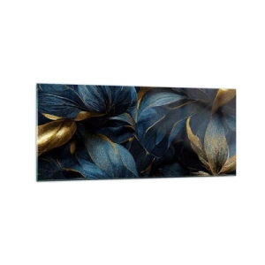Obraz na szkle - Eleganckie liście w złotych i granatowych odcieniach - 120x50cm - Złotem podszyte - Nowoczesna dekoracja ścienna do salonu i sypialni ARTTOR
