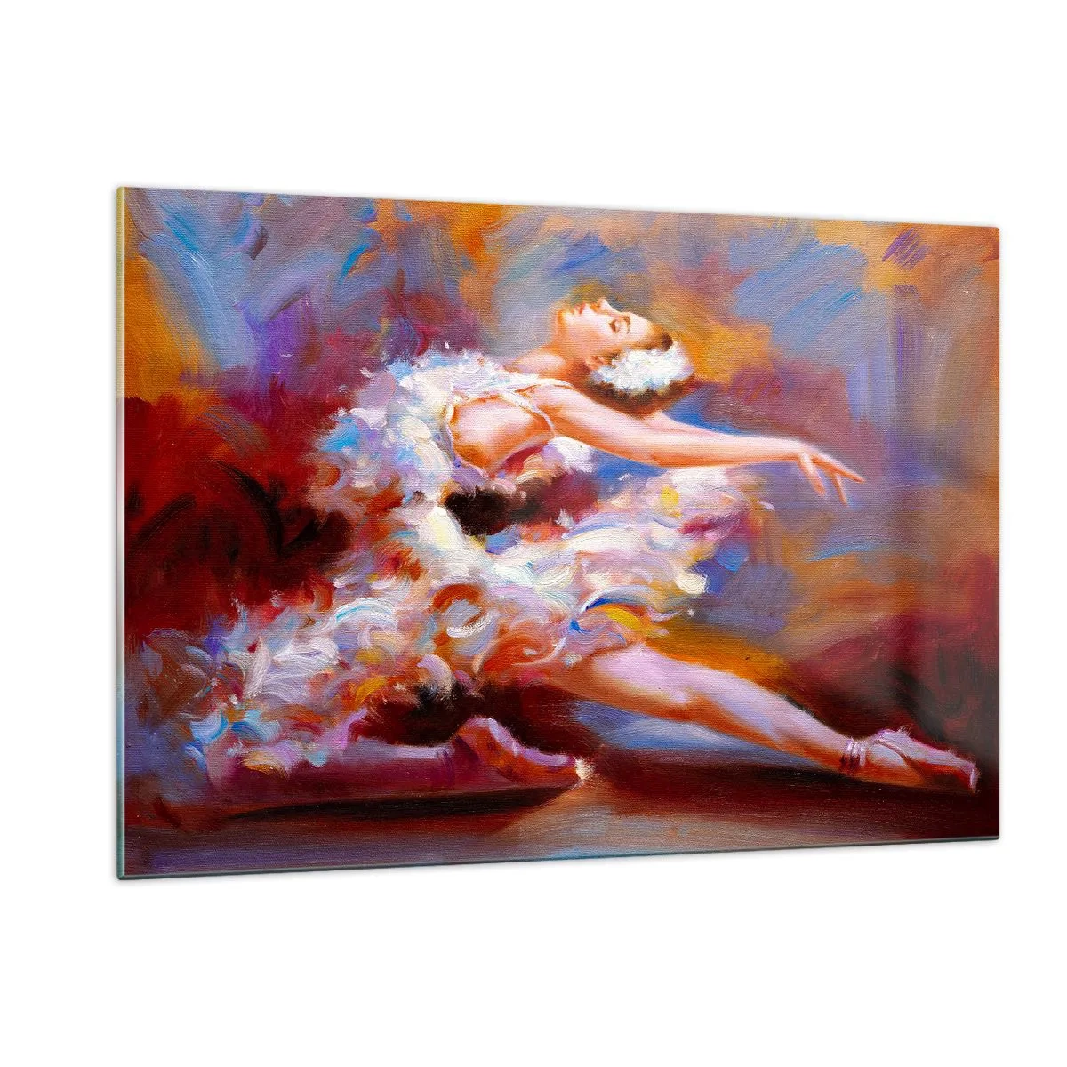 Obraz na szkle - Baletnica w dynamicznej pozie na tle abstrakcyjnych kolorów - 120x80cm - Łabędzia gracja - Nowoczesna dekoracja ścienna do salonu, kuchni i sypialni ARTTOR