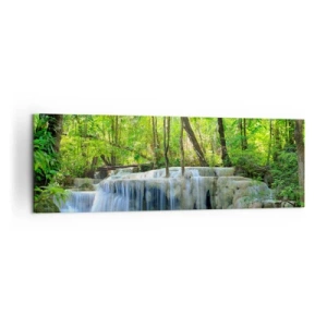 Obraz na płótnie - Wodospad wśród zielonych drzew z błękitną wodą w naturalnym otoczeniu - 160x50cm - Utonąć w turkusie i w zieleni - Nowoczesna dekoracja ścienna do salonu i sypialni ARTTOR