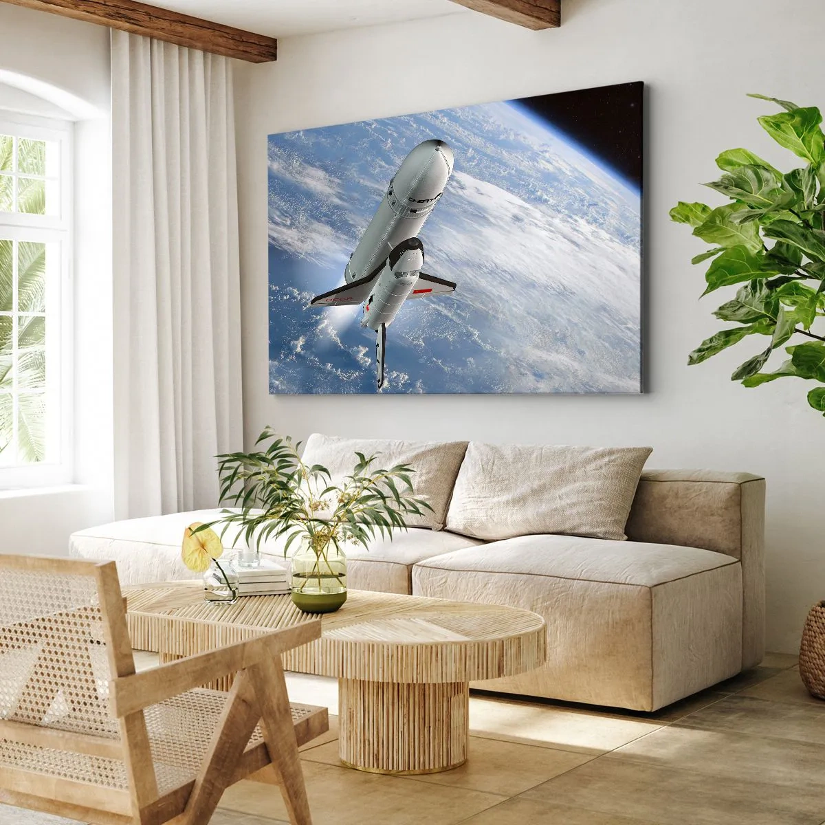 Obraz na płótnie - Wznosząca się rakieta kosmiczna na tle Ziemi - 70x50cm - Kosmiczne wniebowstąpienie - Nowoczesna dekoracja ścienna do salonu i sypialni ARTTOR