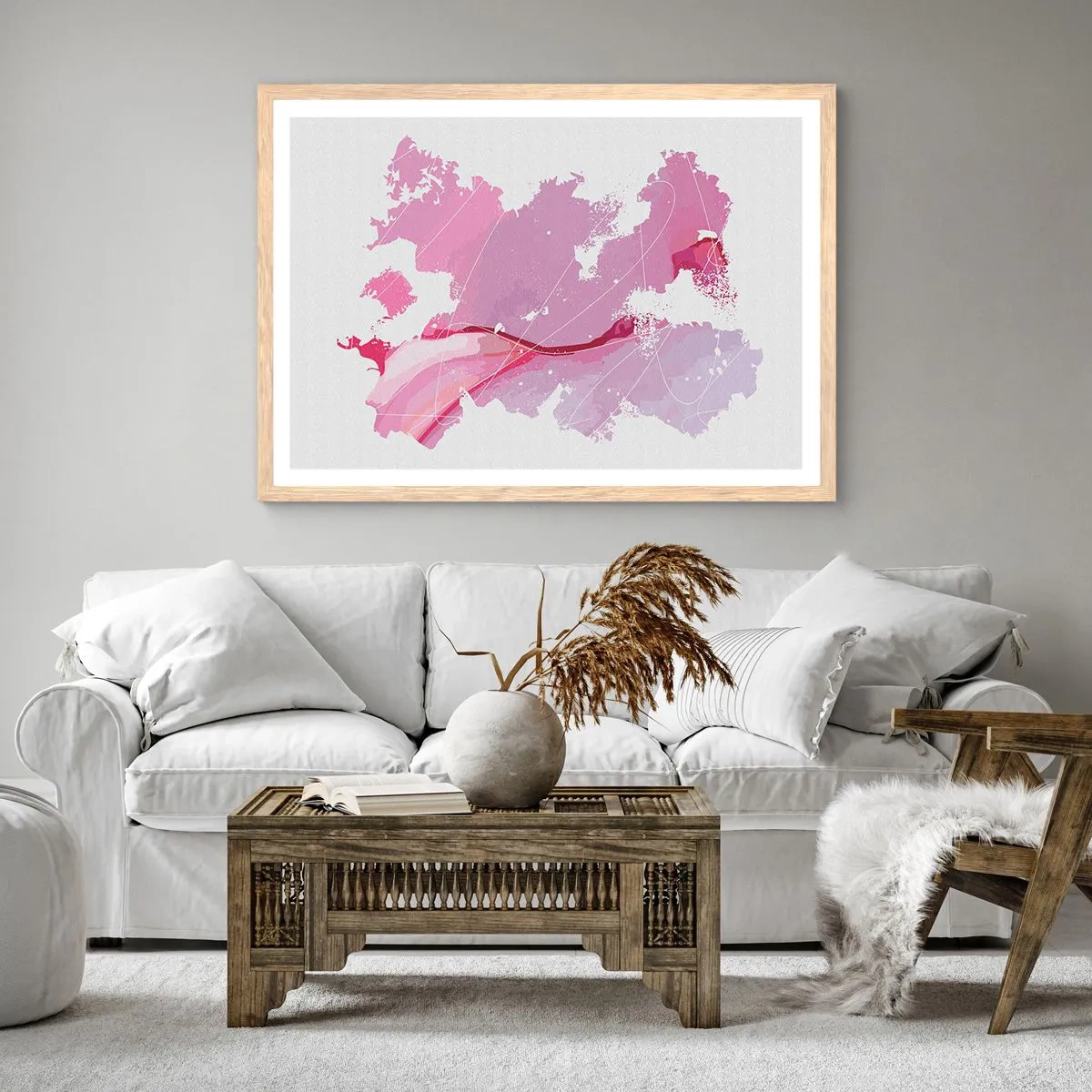 Plakat w ramie jasny dąb - Mapa różowego świata - 100x70 cm