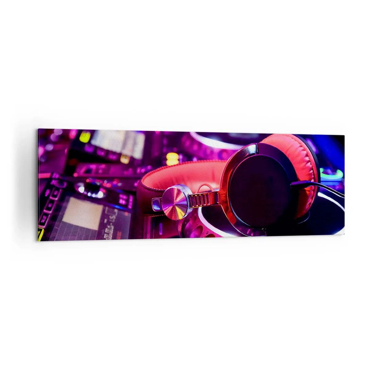 Obraz na płótnie - Słuchawki DJ na konsolecie w neonowym oświetleniu - 160x50cm - Zanim się zacznie zabawa - Nowoczesna dekoracja ścienna do salonu i sypialni ARTTOR