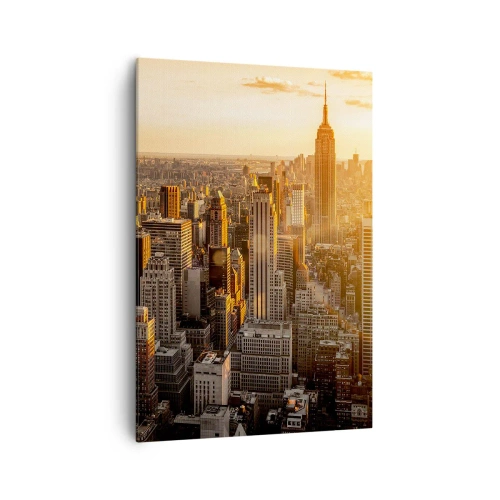 Obraz na płótnie - Panorama Nowego Jorku o zachodzie słońca z widokiem na Empire State Building - 70x100cm - Rosnąc w słońcu - Nowoczesna dekoracja ścienna do salonu i sypialni ARTTOR