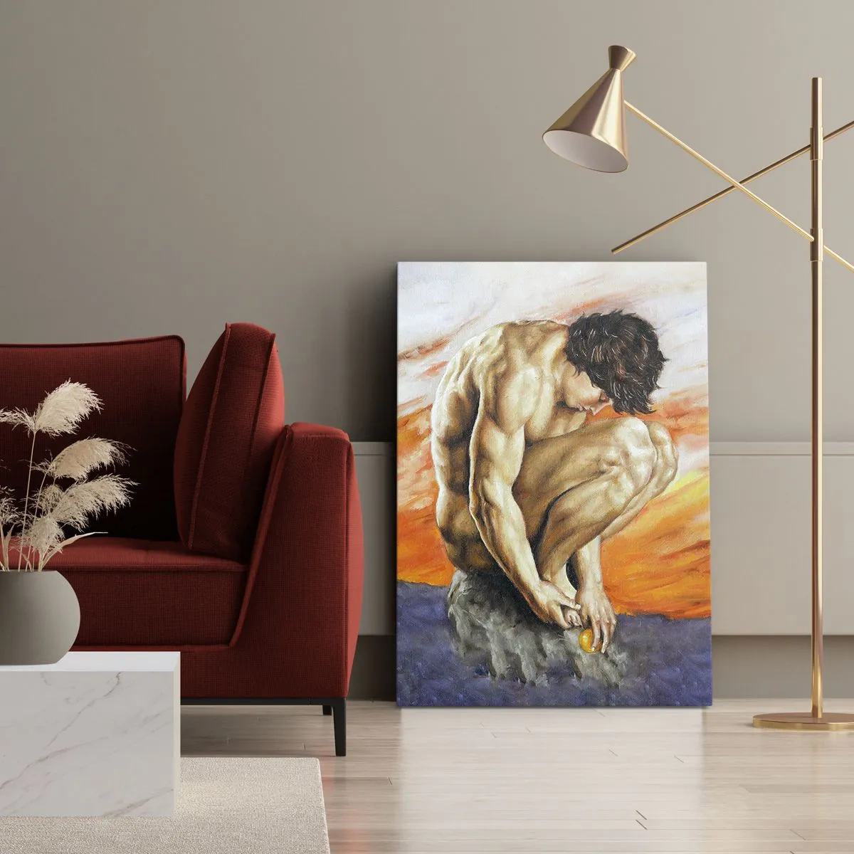 Obraz na płótnie - Mężczyzna skulony na skale w refleksyjnej pozie - 50x70cm - Zatopiony w sobie - Nowoczesna dekoracja ścienna do salonu, kuchni i sypialni ARTTOR