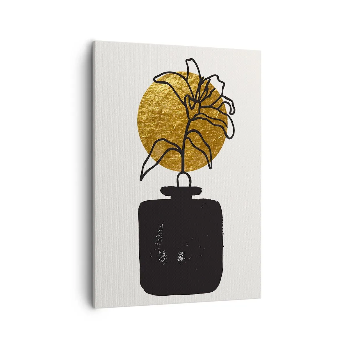 Obraz na płótnie - Minimalistyczna ilustracja kwiatu w wazonie na tle złotego koła - 50x70cm - Piękno na wagę złota - Nowoczesna dekoracja ścienna do salonu, kuchni i sypialni ARTTOR