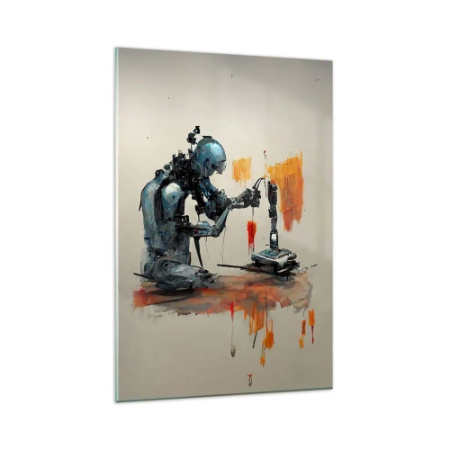 Obraz na szkle - Robot przy pracy z abstrakcyjnym tłem - 80x120cm - Już jutro… - Nowoczesna dekoracja ścienna do salonu i sypialni ARTTOR