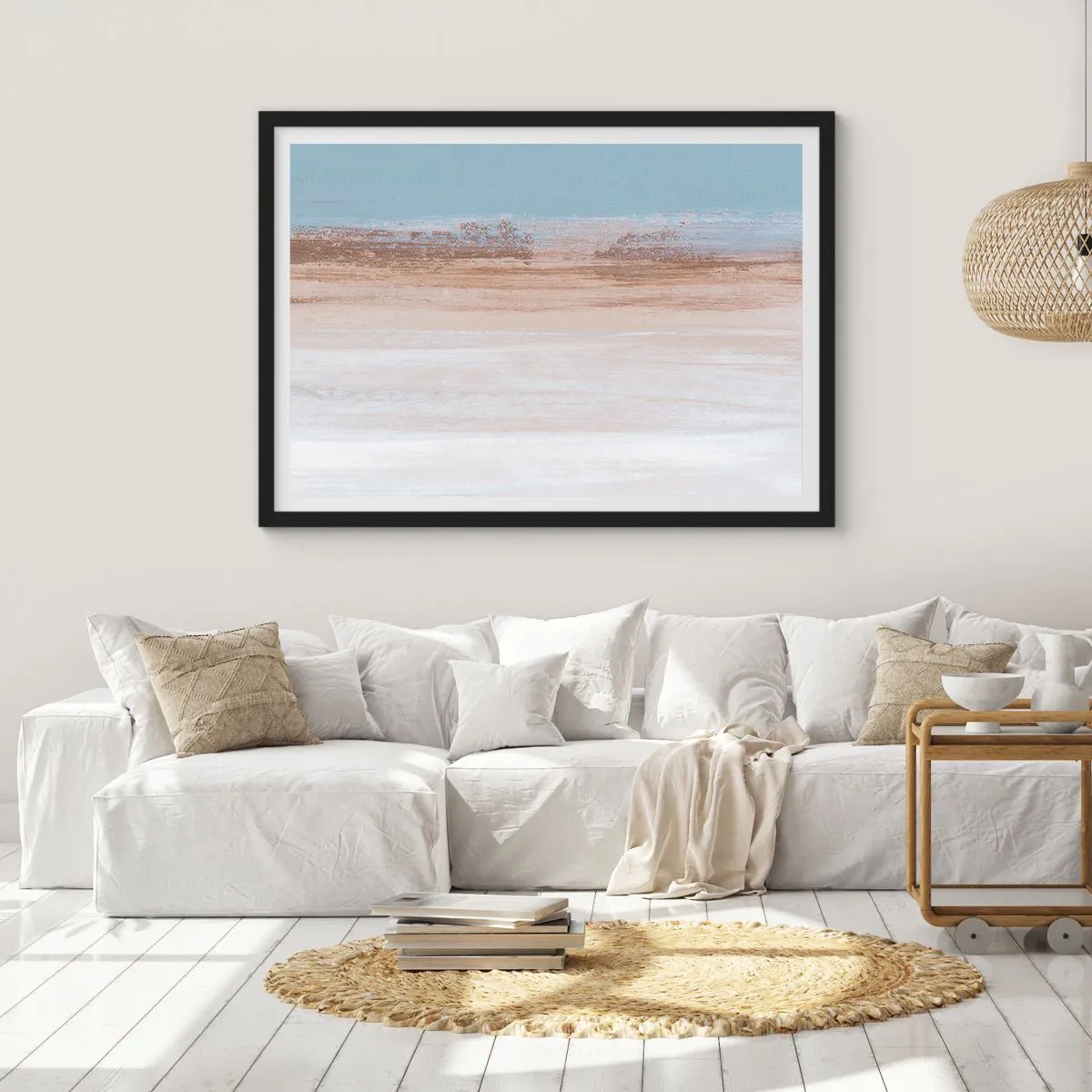 Plakat w czarnej ramie - Subtelny pejzaż w pastelowych odcieniach błękitu i beżu - 70x50cm - Niejednoznaczny pejzaż - Nowoczesna dekoracja ścienna do salonu i sypialni ARTTOR