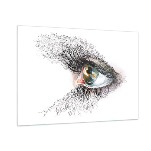 Obraz na szkle - Złote oko otoczone dynamicznymi liniami i abstrakcyjnymi detalami - 100x70cm - Zajrzyj wprost do duszy - Nowoczesna dekoracja ścienna do salonu, kuchni i sypialni ARTTOR