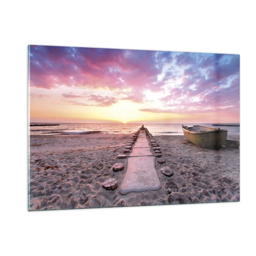 Obraz na szkle - Plaża o zachodzie słońca z łodzią i pomostem - 120x80cm - Chwila głębokiego przeżycia - Nowoczesna dekoracja ścienna do salonu, kuchni i sypialni ARTTOR