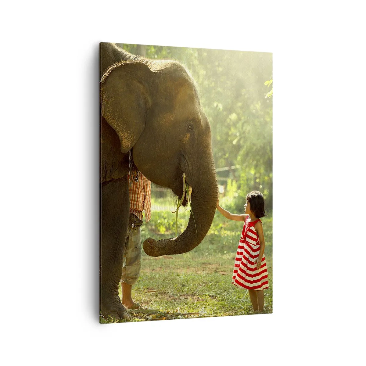 Obraz na płótnie - Dziewczynka w czerwonej sukience dotykająca słonia w lesie - 70x100cm - Siła przyjaźni - Nowoczesna dekoracja ścienna do salonu i sypialni ARTTOR