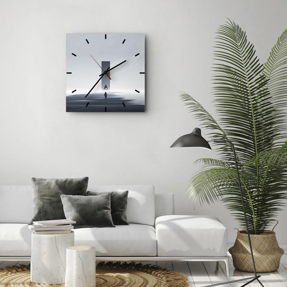Zegar ścienny - Minimalistyczny pejzaż z sylwetką przy prostokątnym monolicie - 30x30cm - Szansa czy zagrożenie? - Nowoczesna dekoracja ścienna do salonu i sypialni ARTTOR