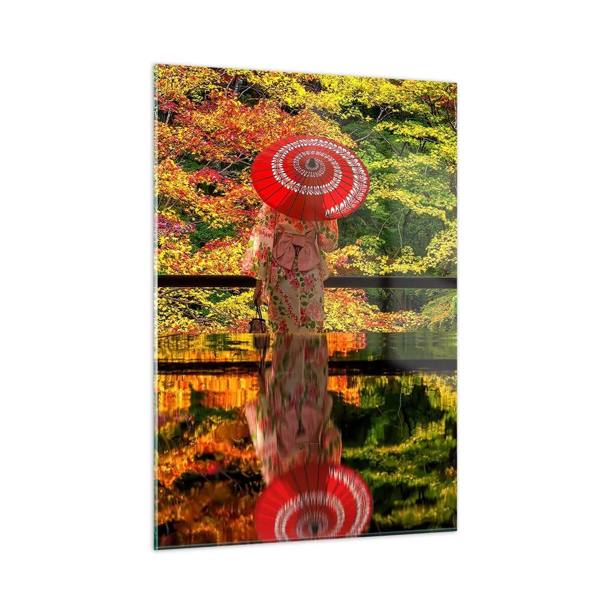 Obraz na szkle - Kobieta w kimonie z parasolem na tle jesiennego krajobrazu, odbicie w wodzie - 50x70cm - W świątyni natury - Nowoczesna dekoracja ścienna do salonu, kuchni i sypialni ARTTOR