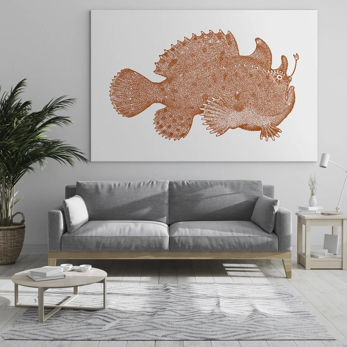 Obraz na szkle - Rdzawy rysunek ryby głębinowej wykonany techniką punktową - 70x50cm - A jednak ryba - Nowoczesna dekoracja ścienna do salonu i sypialni ARTTOR