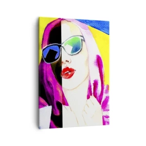 Obraz na płótnie - Kolorowy portret kobiety w okularach przeciwsłonecznych, styl pop-art - 50x70cm - Nie jestem biała i nie jestem czarna - Nowoczesna dekoracja ścienna do salonu, kuchni i sypialni ARTTOR