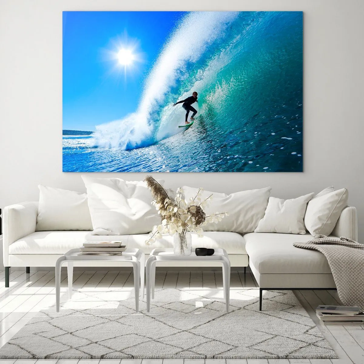 Obraz na szkle - Surfer na fali w słoneczny dzień - 70x50cm - Przez wielki błękit - Nowoczesna dekoracja ścienna do salonu i sypialni ARTTOR