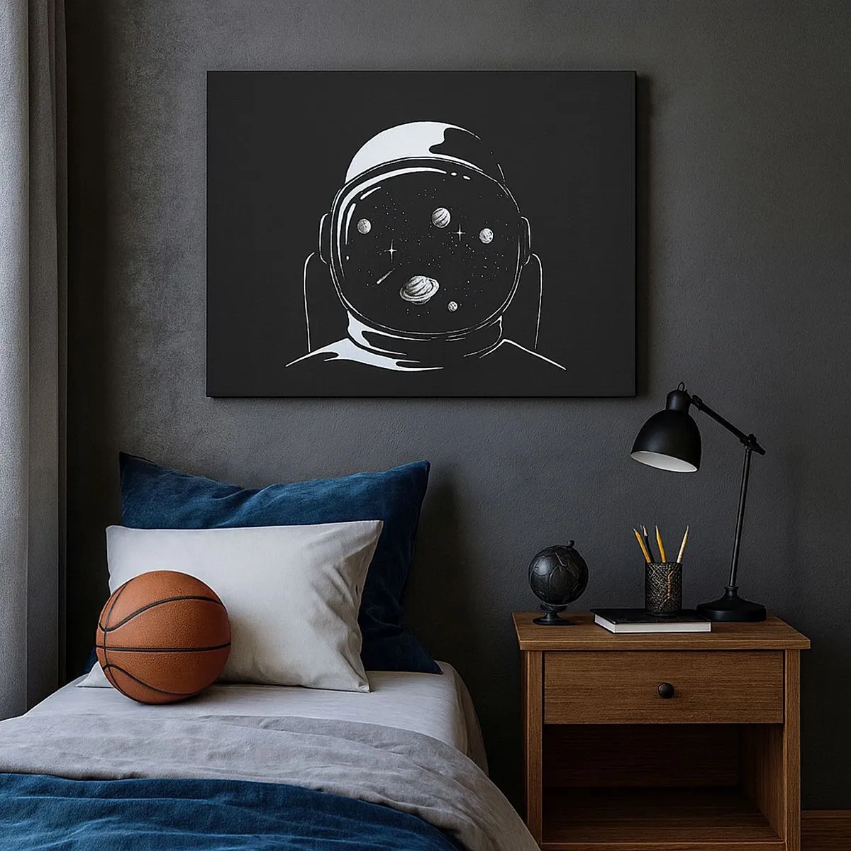 Obraz na płótnie - Astronautyczny hełm z widokiem na kosmos w minimalistycznym stylu - 70x50cm - Niezły widok - Nowoczesna dekoracja ścienna do salonu i sypialni ARTTOR