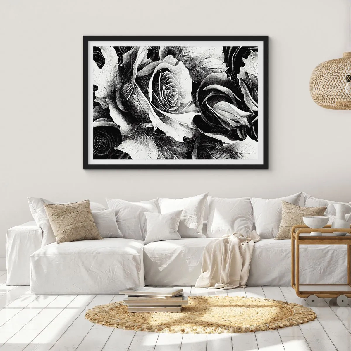 Plakat w czarnej ramie - Czarno-białe róże w eleganckiej kompozycji - 70x50cm - Zawsze królowa - Nowoczesna dekoracja ścienna do salonu i sypialni ARTTOR