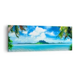 Obraz na płótnie - Tropikalna plaża z palmami i widokiem na wyspę - 140x50cm - Lazur tropików - Nowoczesna dekoracja ścienna do salonu i sypialni ARTTOR
