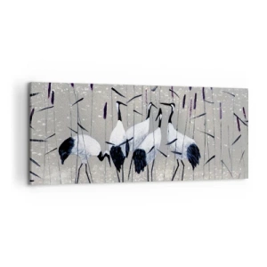 Obraz na płótnie - Czaple wśród traw na spokojnym tle - 120x50cm - Wśród swoich - Nowoczesna dekoracja ścienna do salonu i sypialni ARTTOR
