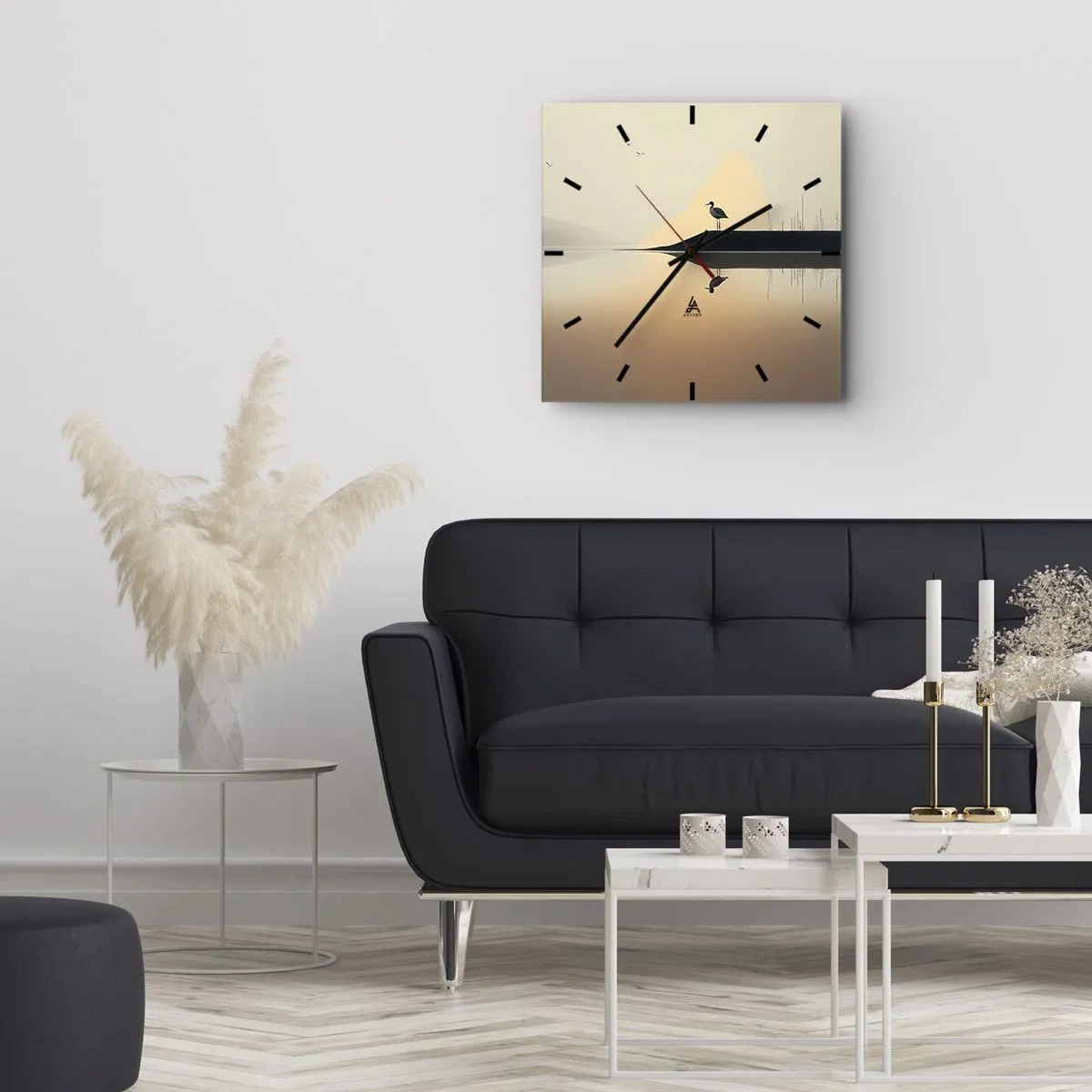 Zegar ścienny - Ptak na wyspie w spokojnym jeziorze o ciepłych odcieniach - 30x30cm - Pan na jeziorze - Nowoczesna dekoracja ścienna do salonu i sypialni ARTTOR