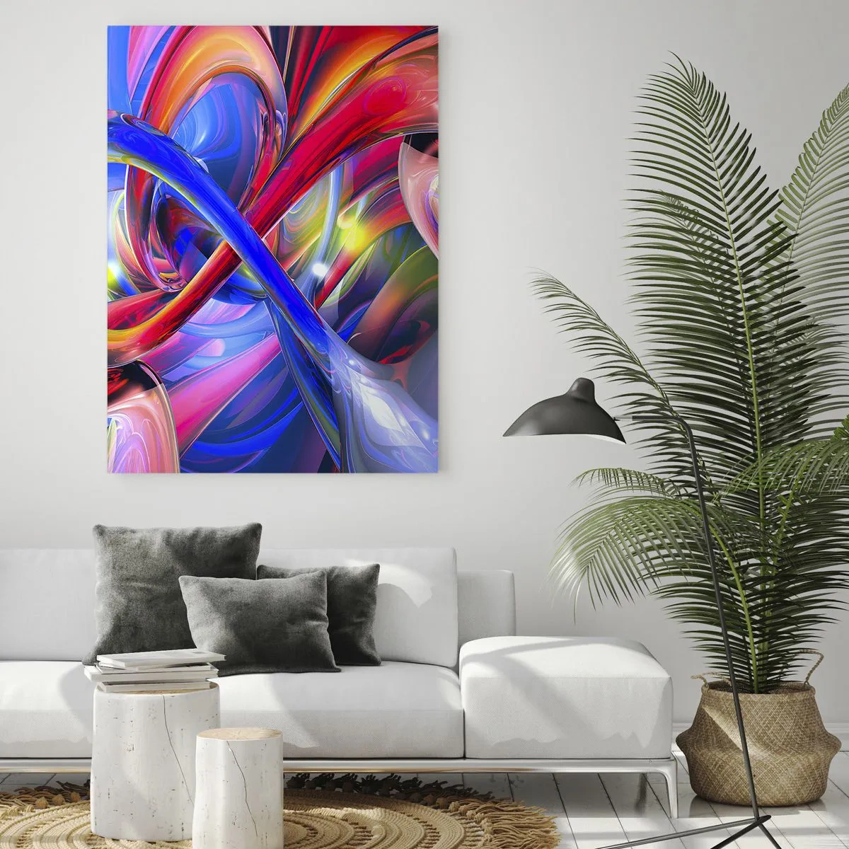 Obraz na szkle - Abstrakcyjne, kolorowe linie i energetyczna dynamika - 50x70cm - Taniec barw - Nowoczesna dekoracja ścienna do salonu, kuchni i sypialni ARTTOR