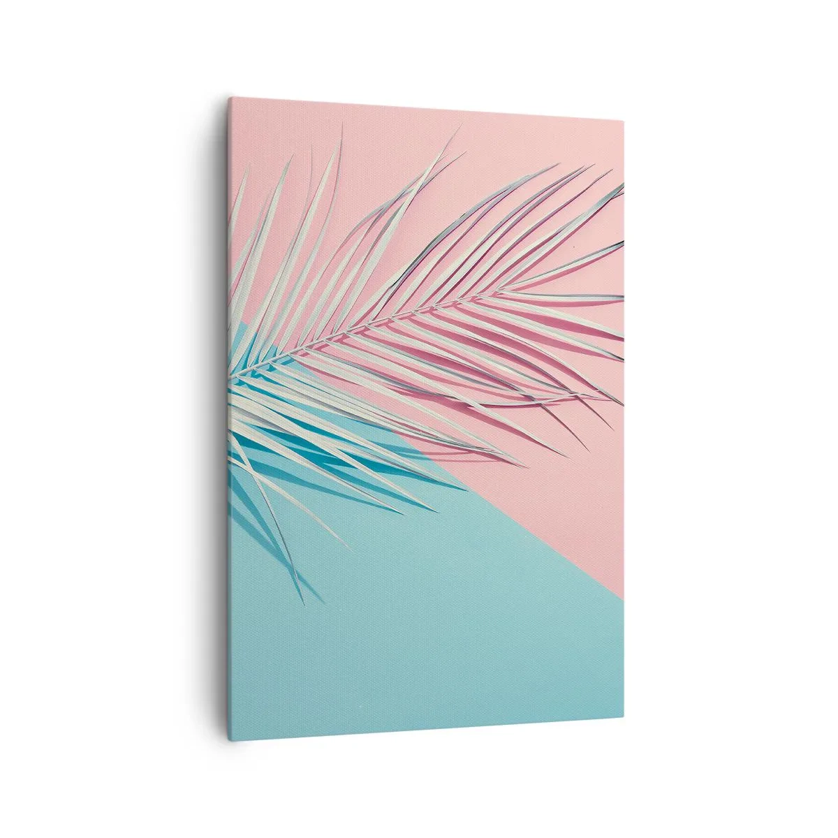 Obraz na płótnie - Tropikalny liść na tle pastelowych odcieni różu i błękitu - 70x100cm - Tropikalna impresja - Nowoczesna dekoracja ścienna do salonu i sypialni ARTTOR