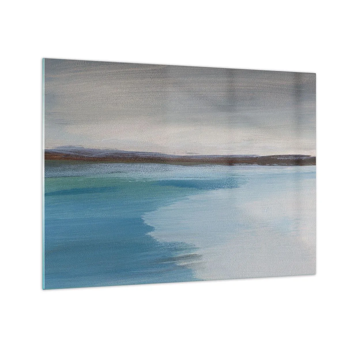 Obraz na szkle - Spokojny pejzaż z wodą i odległymi wzgórzami w pastelowych tonach - 70x50cm - Pejzaż horyzontalny - Nowoczesna dekoracja ścienna do salonu i sypialni ARTTOR