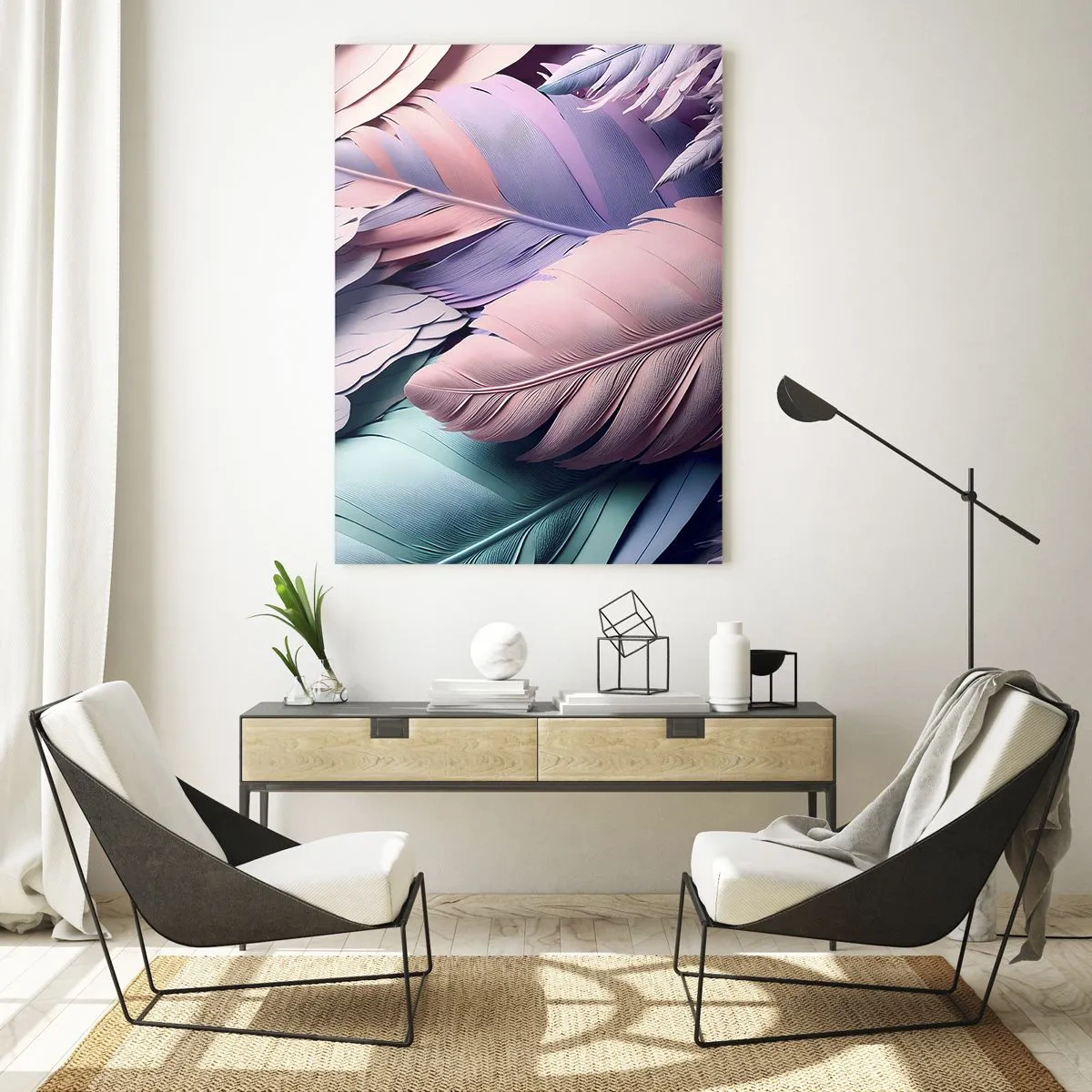 Obraz na szkle - Pastelowe pióra w odcieniach różu, fioletu i turkusu - 50x70cm - Ptasi szyk - Nowoczesna dekoracja ścienna do salonu, kuchni i sypialni ARTTOR