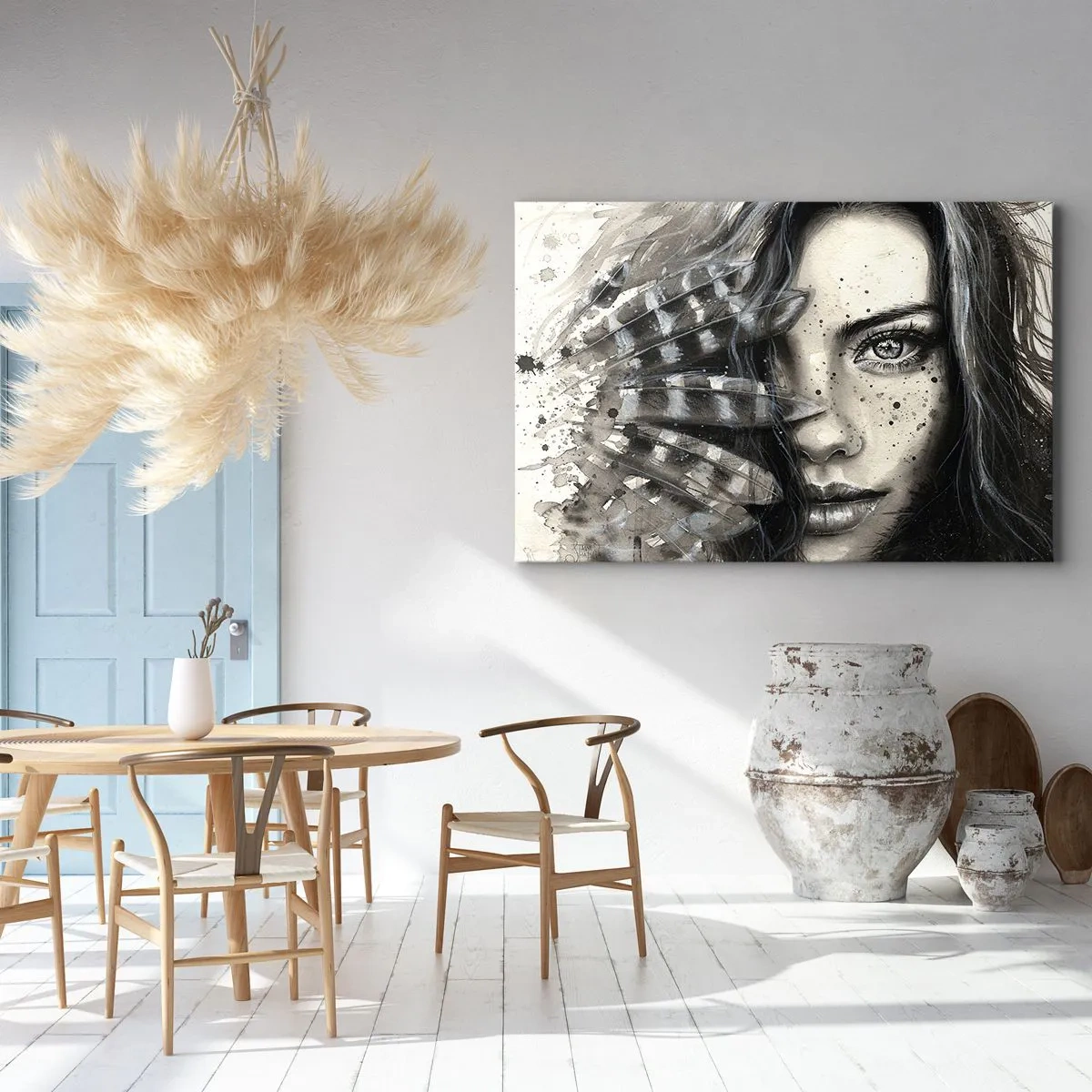 Obraz na płótnie - Artystyczny portret kobiety z abstrakcyjnymi detalami - 70x50cm - Dzika piękność - Nowoczesna dekoracja ścienna do salonu i sypialni ARTTOR